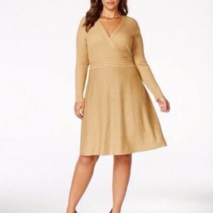 INC Fit And Flare Dress Gold Metallic‎ NWT 0X Ribbed Plunge Neckline Formal New